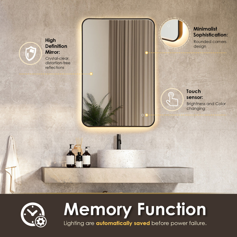 Dazzle Rectangular Bathroom/Vanity LED Lighted Wall Mirror, Matte Black, 24"