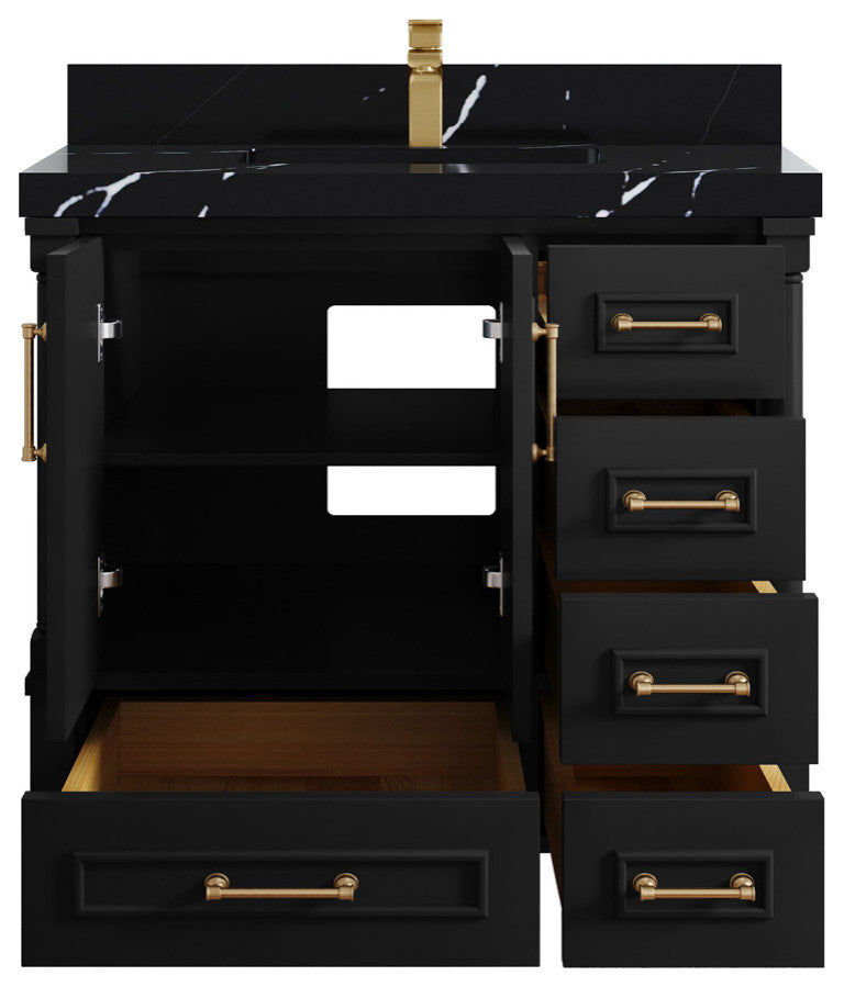 Aberdeen 36 Center Sink Bath Vanity In Black 2" Calacatta Black