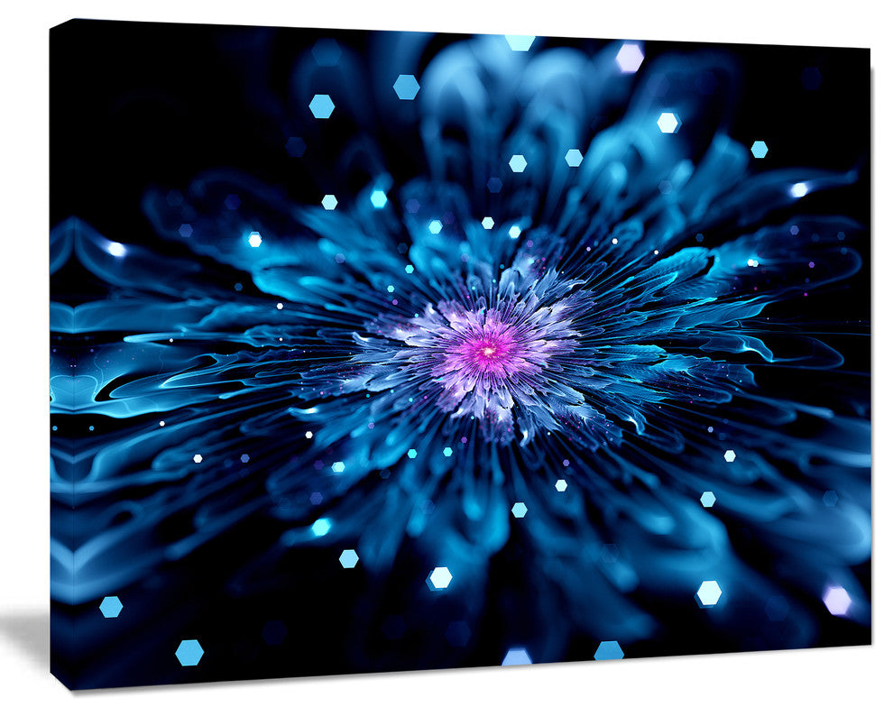 Blue Fractal Flower with Shiny Particles, Flower Artwork on Canvas, 60"x28"