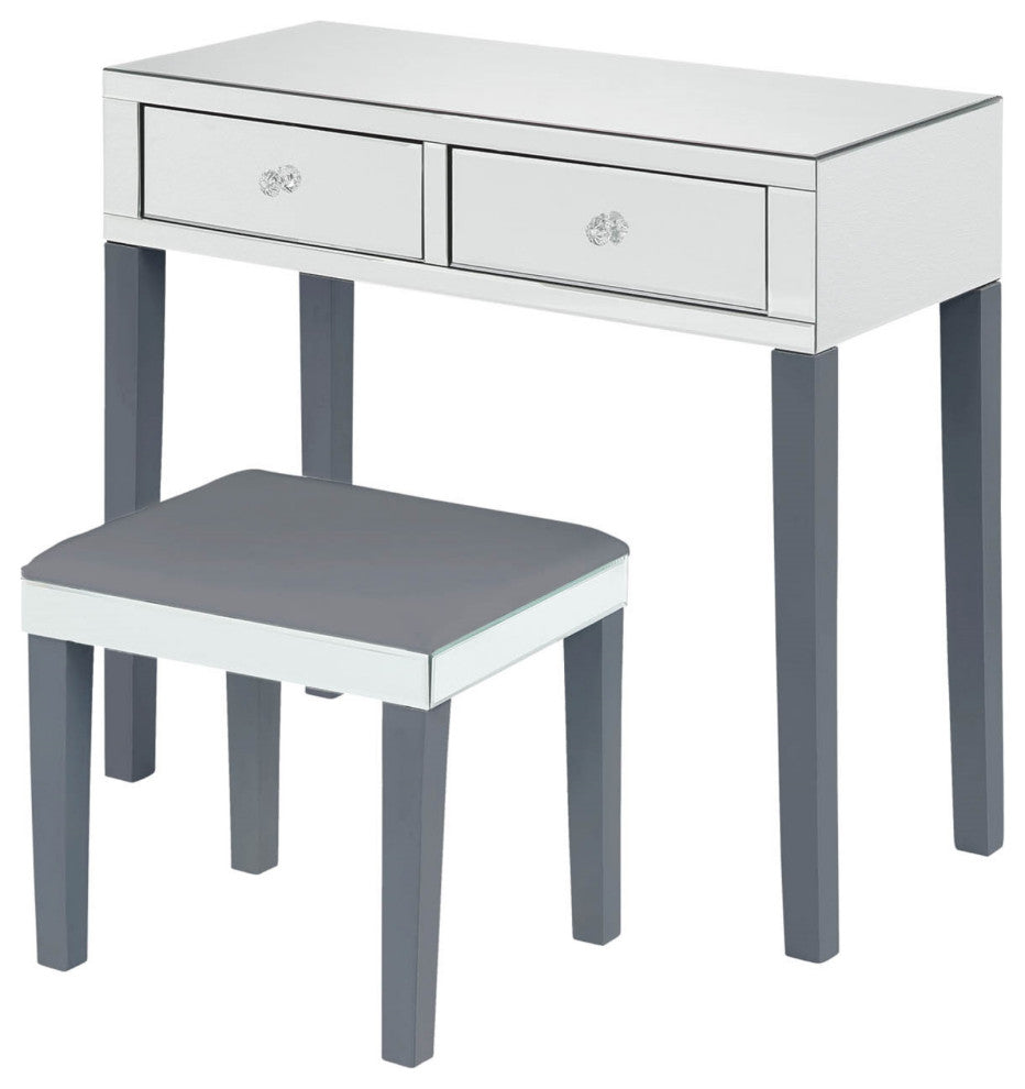 Venecia Mirrored 2-Drawer Vanity Table with Stool Set, Grey