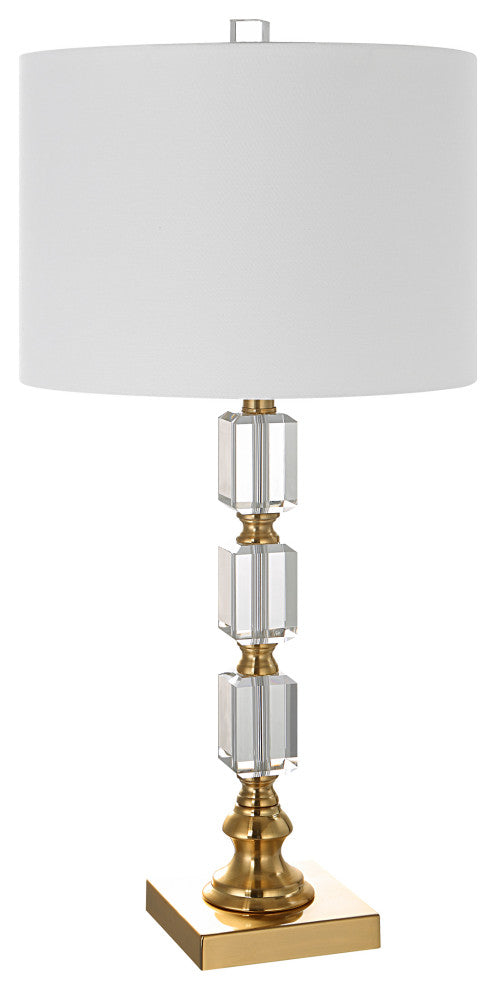 Benzara BM277033 29" Metal Table Lamp, Stacked Crystals, Antique Brass, White