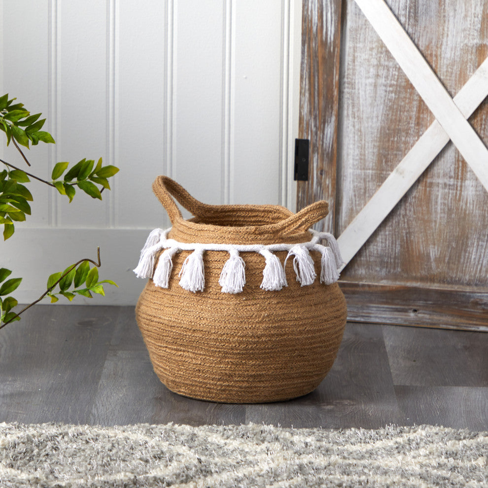 11" Boho Chic Handmade Natural Cotton Woven Basket Planter With Tassels