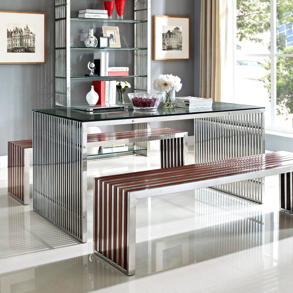 Modern Walnut Gridiron Large Wood Inlay Bench