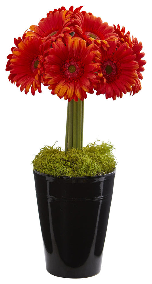Nearly Natural Gerber Daisy Artificial Arrangement in Black Vase Orange