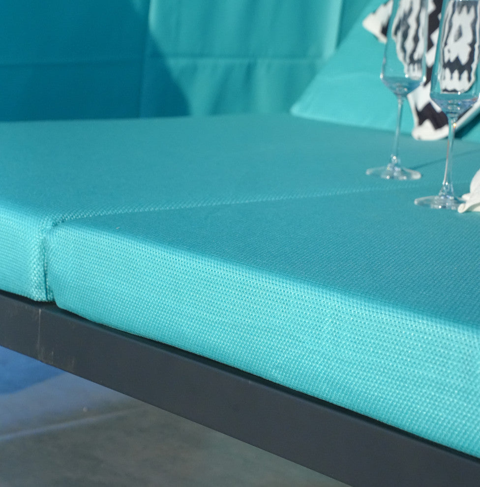 Outdoor Dual Chaise Lounger Cushioned Sunbed With Adjustable Curtains & Canopy, Cyan