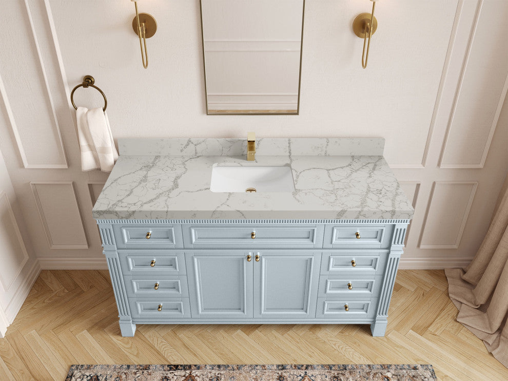 Paris 60" Single Sink Bathroom Vanity, Blue Heather 2" Venatino Quartz