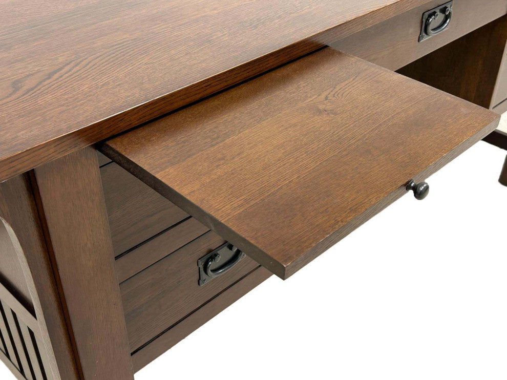 Mission Solid Quarter Sawn Oak Desk, Library Table With 5-Drawers Walnut