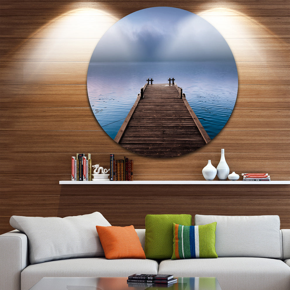 Wooden Pier Under Foggy Sky, Seascape Photo Disc Metal Artwork, 11"