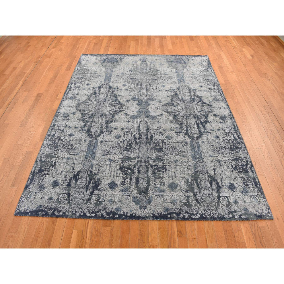 Ash Gray Jewellery Design Half Wool and Half Silk Hand Knotted Rug 7'10"x10'