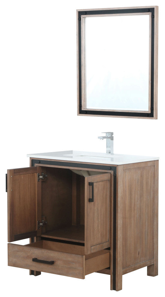 Ziva 30 Barnwood SG Vanity, Cultured Marble Top, Square Sink, 28 Mirror, Faucet
