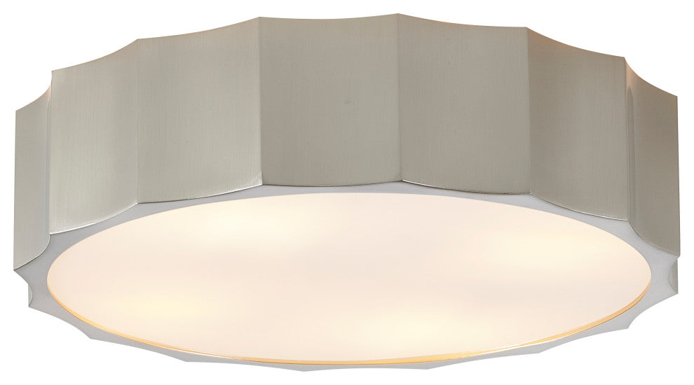 Iron Wave Flushmount Light With White Frosted Acrylic Cover, Shiny Nickel