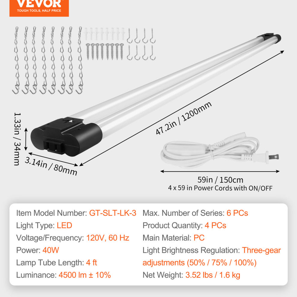 VEVOR 4 Pack 4 FT LED Shop Light 40W Linkable Ceiling Shop Light Fixture 4500 LM