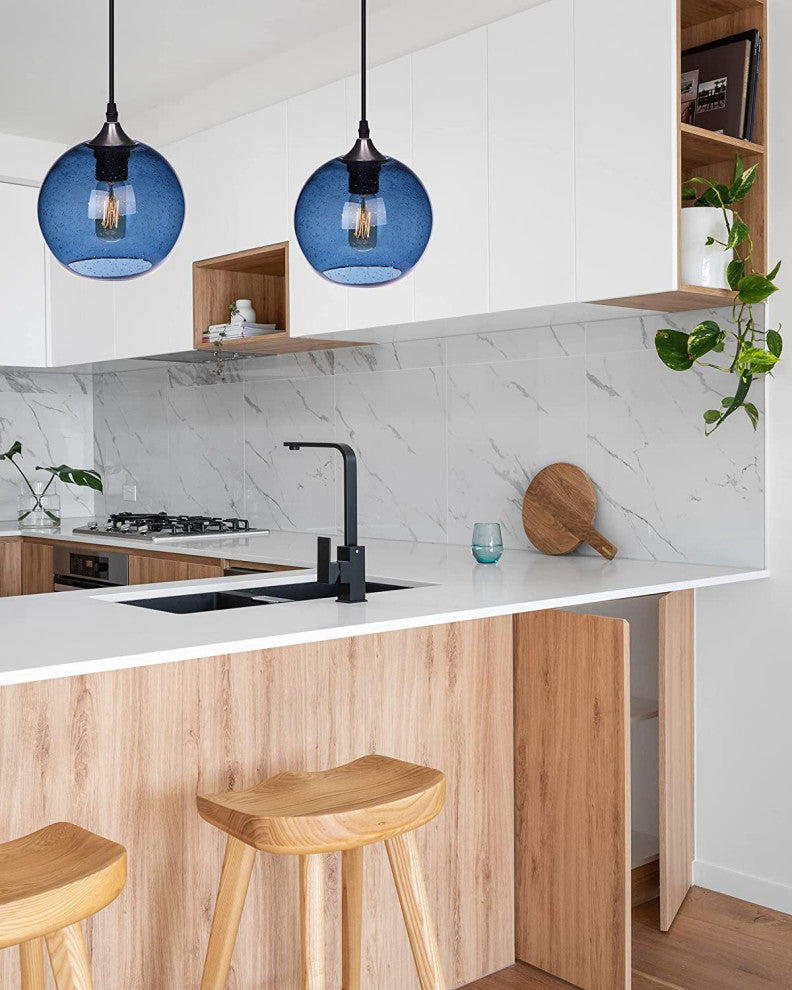 Blue Glass Pendant Light Globe Hanging Pendant Lamp for Kitchen