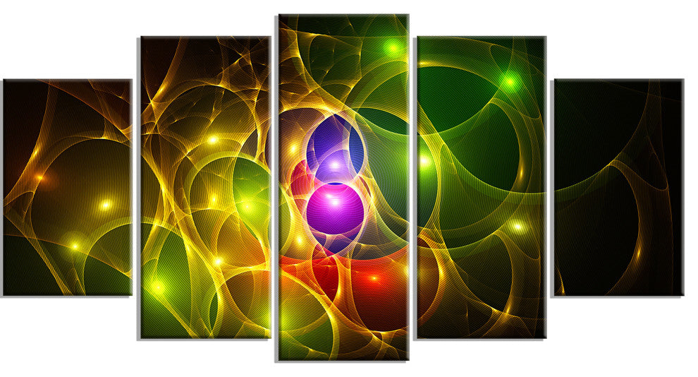 Glowing Fractal Underwater World, Abstract Wall Art Canvas, 60"x32", 5 Panels