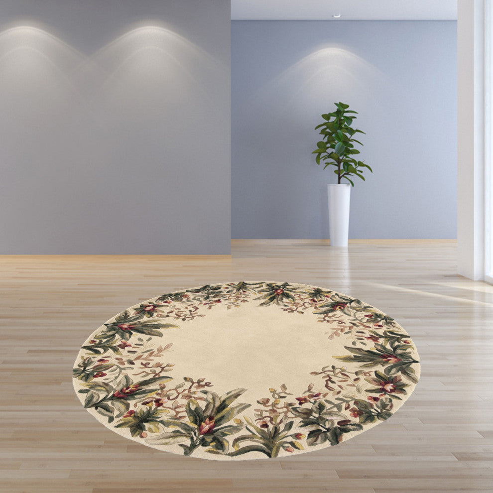 HomeRoots 6' Ivory Hand Tufted Bordered Tropical Plants Round Indoor Area Rug