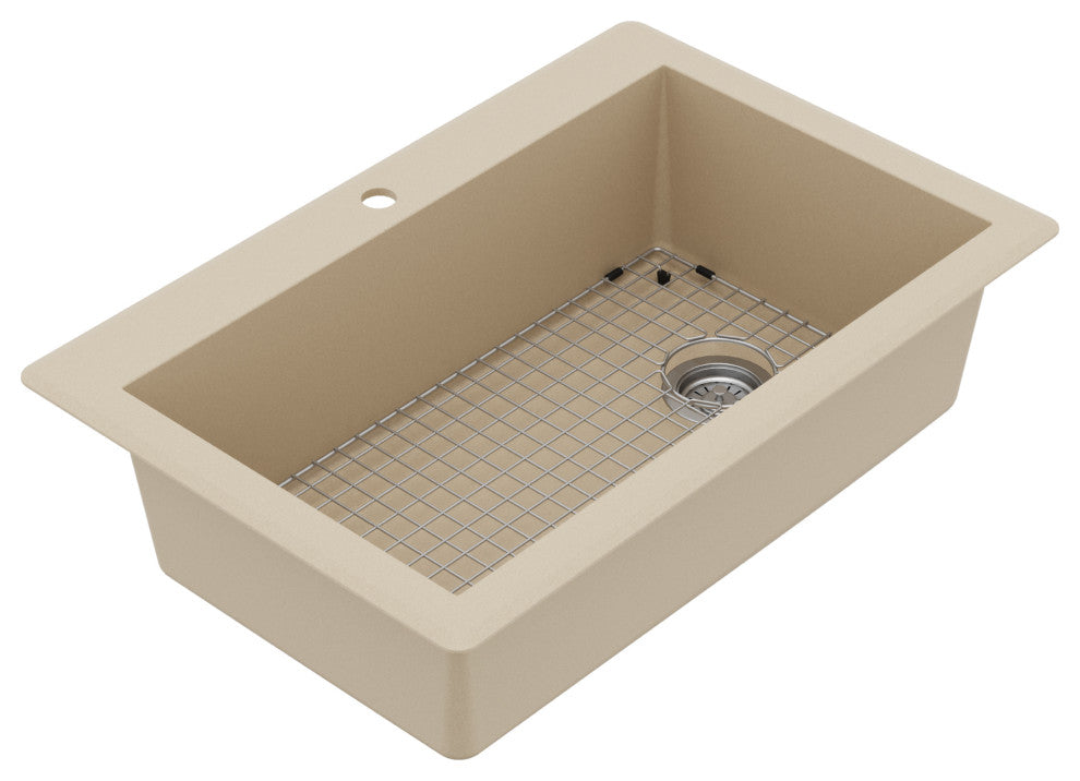 Karran Drop-In Quartz 33" 1-Hole Single Bowl Kitchen Sink Kit, Bisque