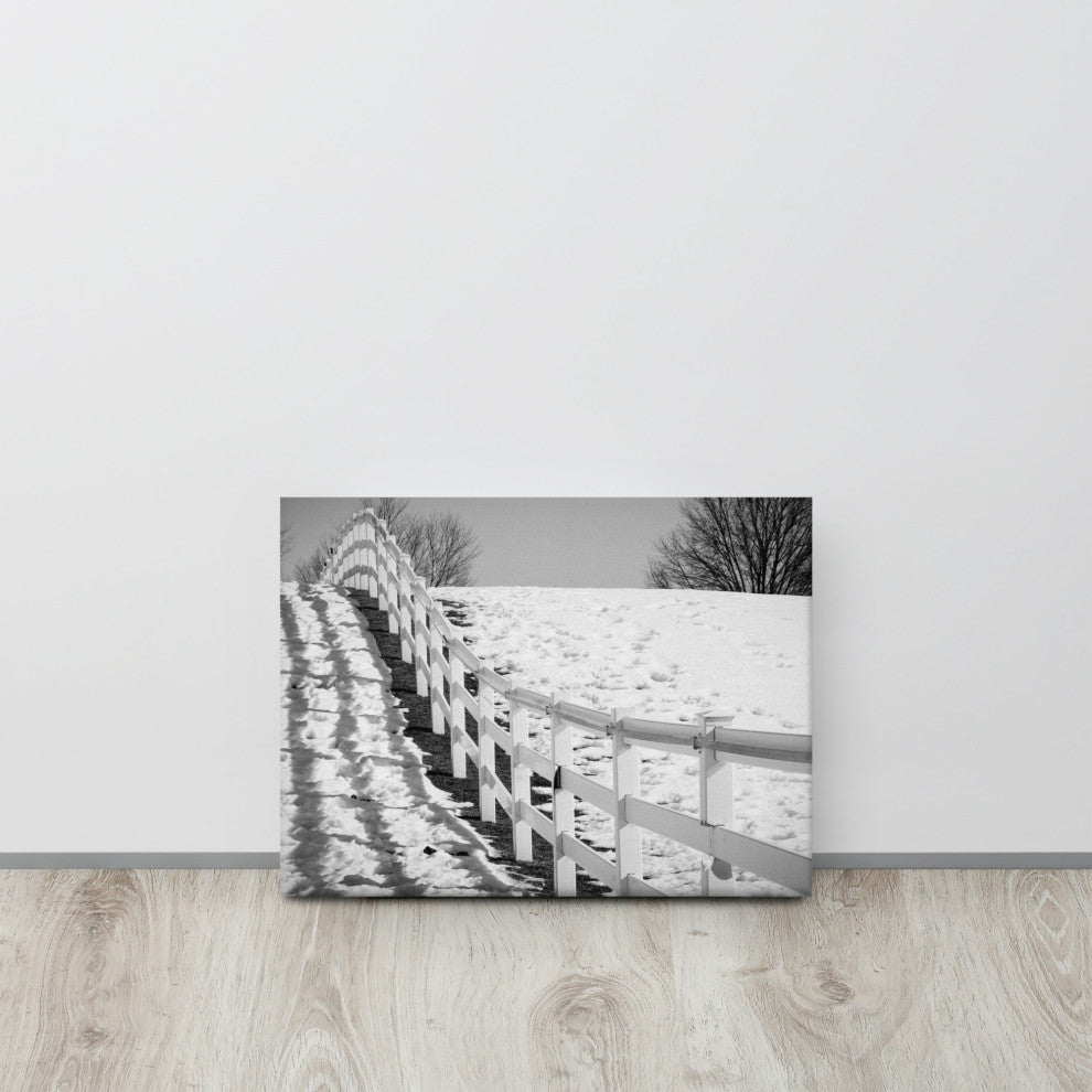 Endless Fence Rural Black & White Landscape Photo Canvas Wall Art Print, 12" X 16"