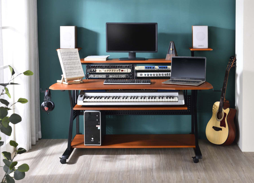 Rectangular Metal and Wooden Music Desk With Wheels, Cherry