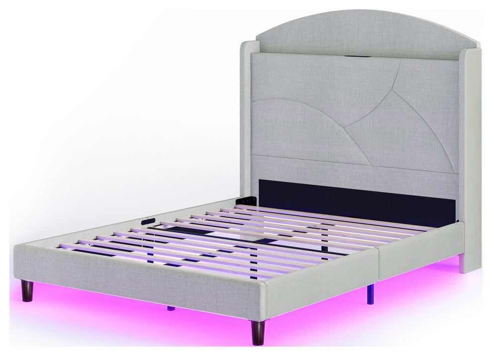 Upholstered Bed Frame W/Headboard Storage, LED Light & Outlets - Queen