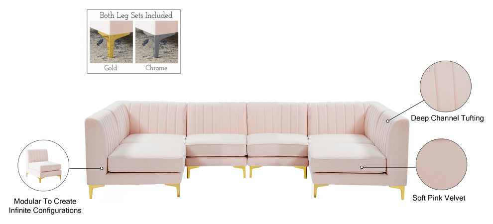 Alina Velvet Modular U-Shaped Sectional, Pink, 6-Piece: 4 Armless Chair, 2 Corner Chair