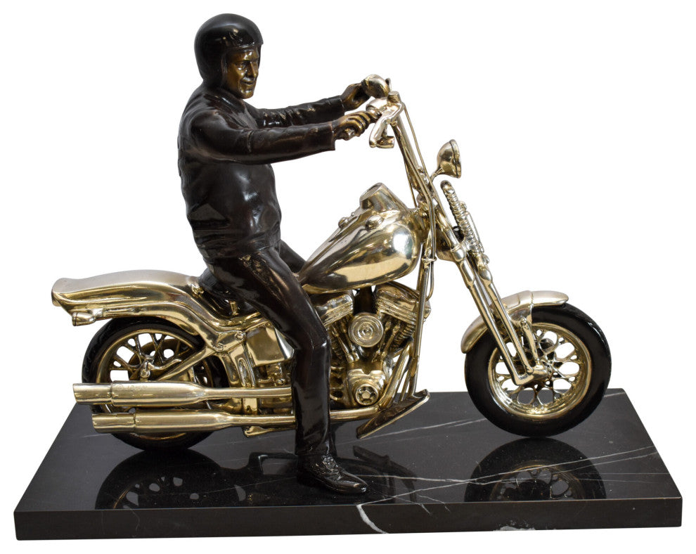 Harley Davidson Rider on his Bike Replica Bronze Statue 20" x 9" x 13"H