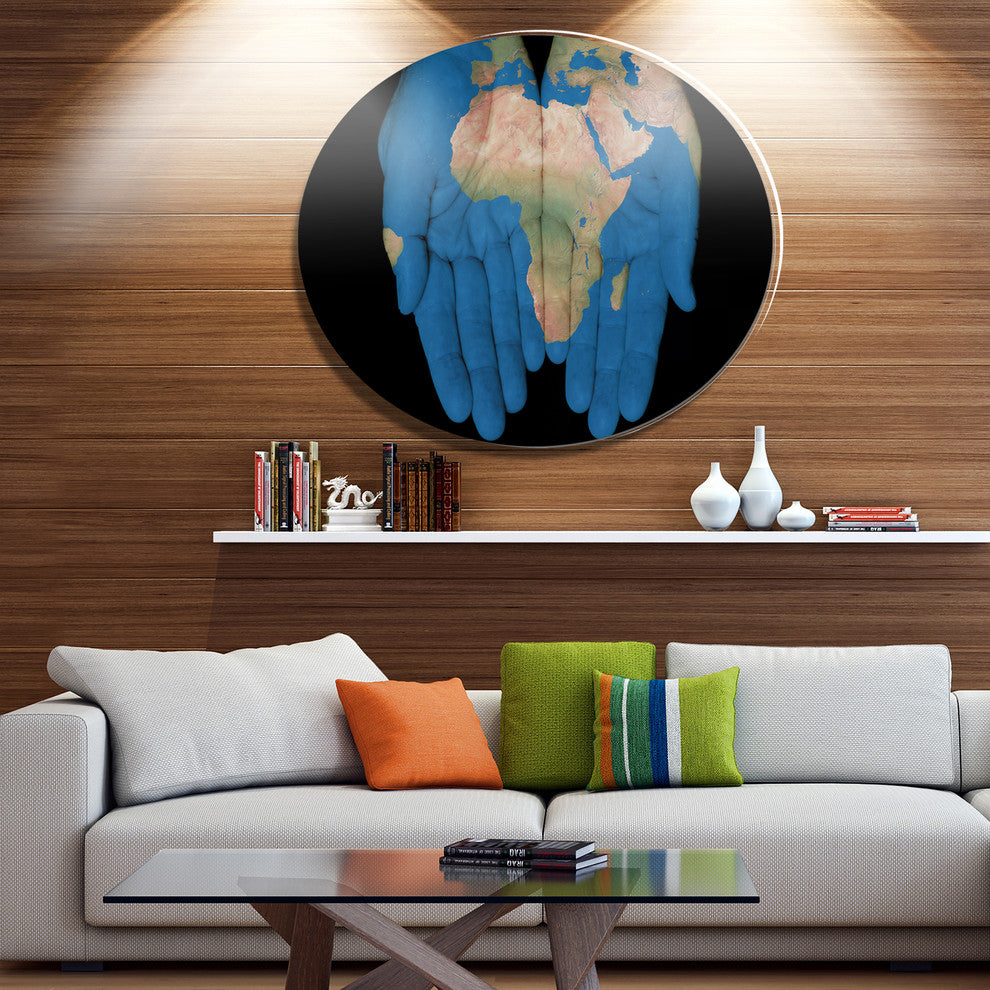 African Map In Our Hands, Large Disc Metal Wall Art, 23"