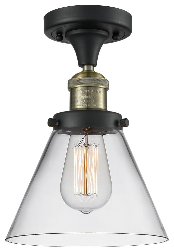 1-Light Large Cone 8" Semi-Flush Mount, Black Antique Brass, Glass: Clear
