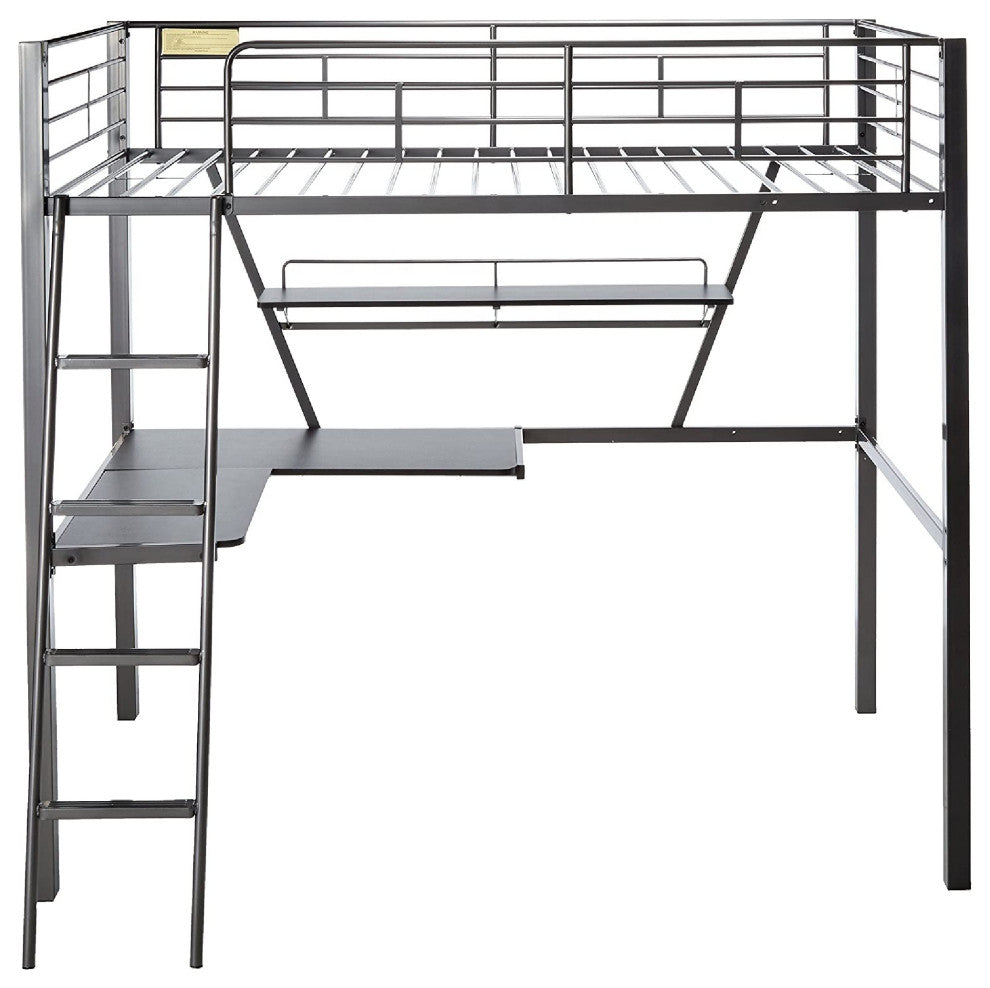 Benzara BM186052 Contemporary Metal Loft Bed With Desk, Black and Silver