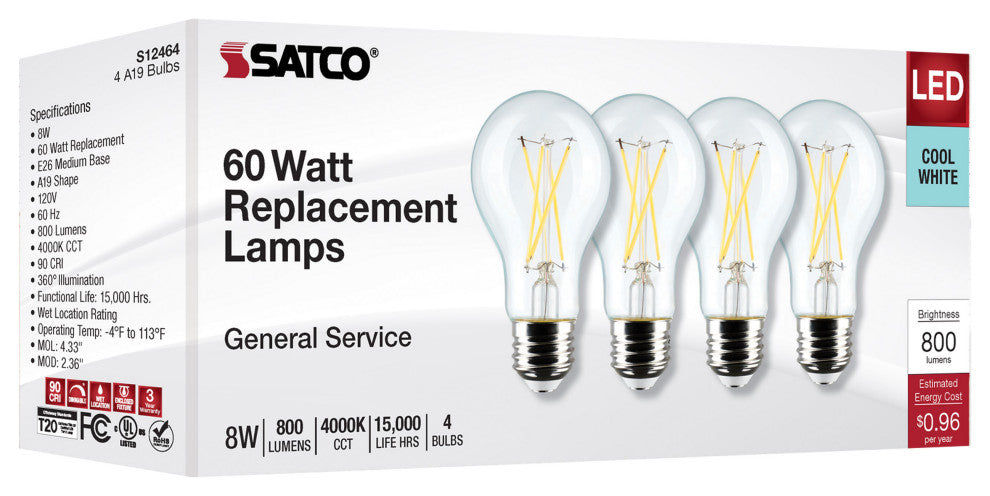 8W A19 LED, Clear, 4000K, Medium Base, 120V, 4-Pack