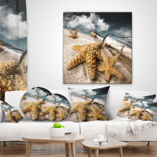 Message Bottle Buried in Sand Seascape Throw Pillow, 18"x18"