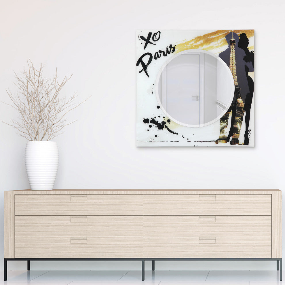 "Romance" Square Beveled Wall Mirror on Printed Tempered Art Glass