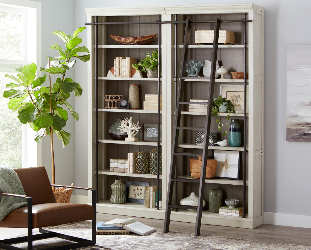 Fully Assembled 8' Tall Bookcase Wall With Ladder, Aged Chateau White