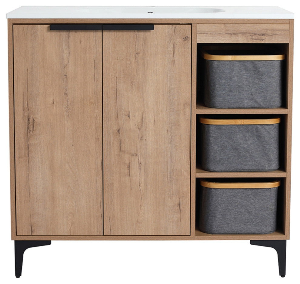 Single Vanity, Neutral Finish With Solid Surface Resin White Sink, 36"