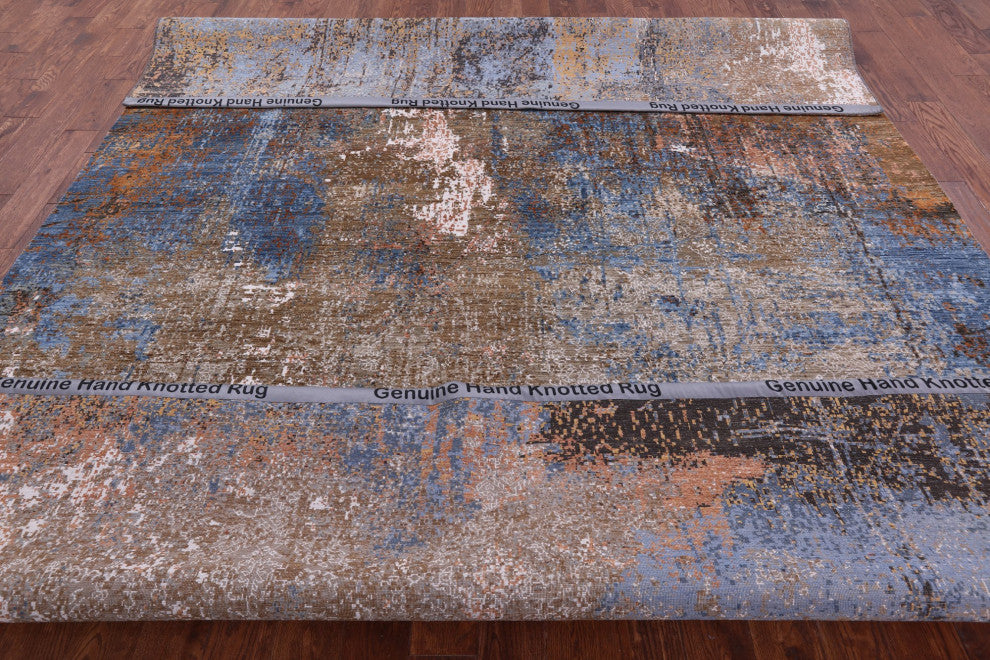 9' 2" X 12' 3" Hand Knotted Abstract Wool and Silk Rug Q8864