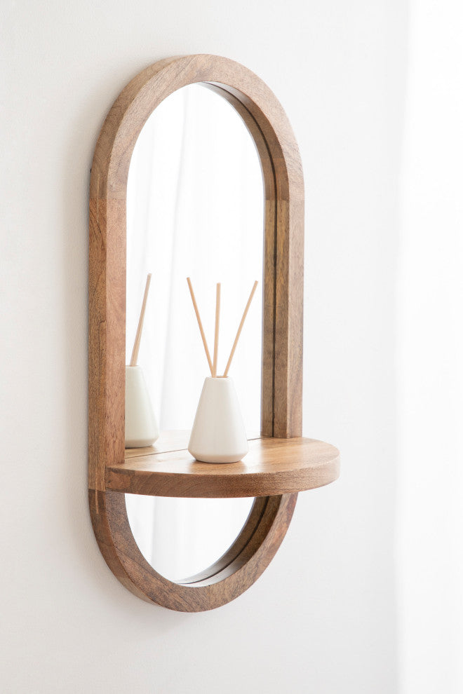 Hutton Wood Framed Capsule Mirror With Shelf, Natural, 12x24