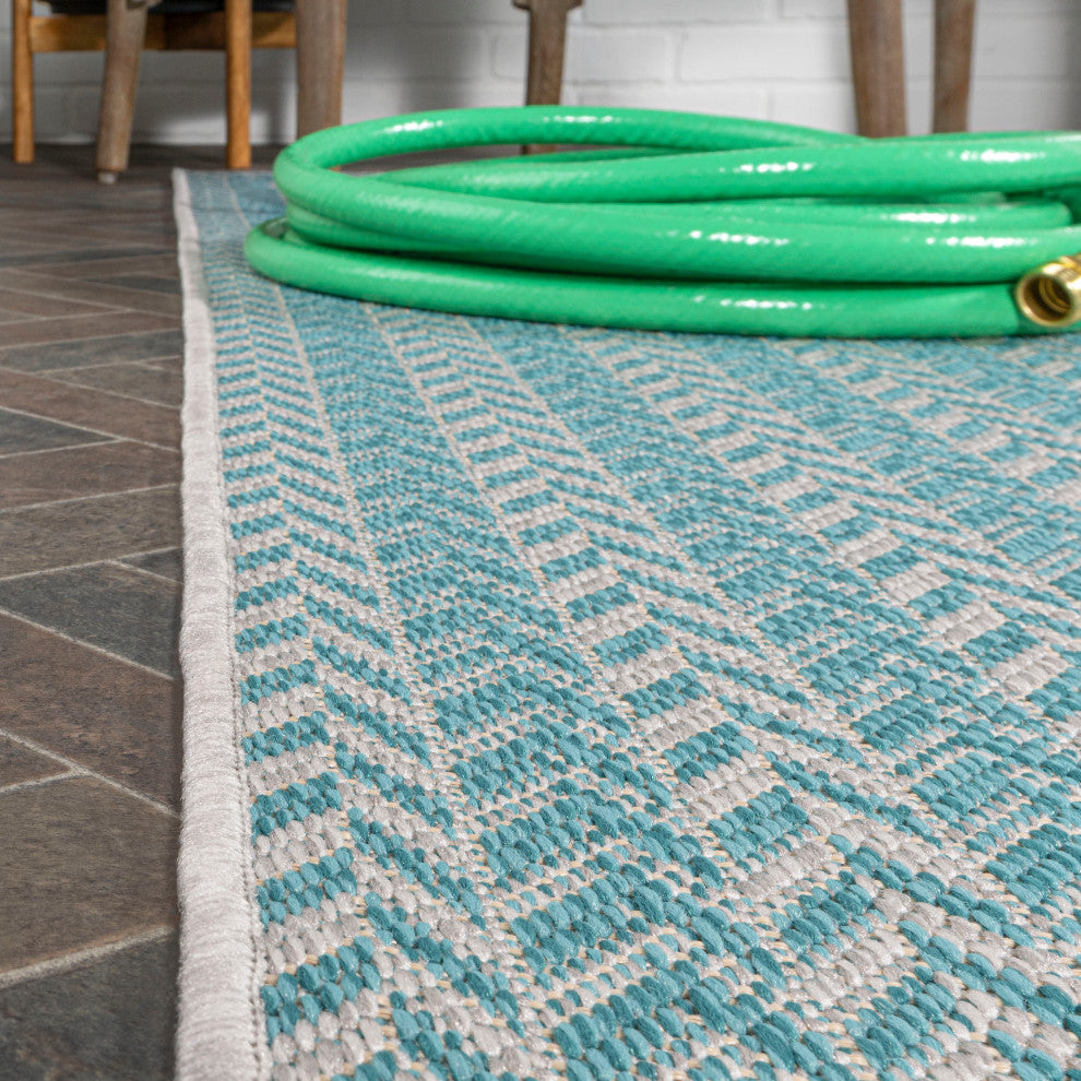 Chevron Modern Concentric Squares Indoor/Outdoor Area Rug, Aqua/Light Gray, 8x10