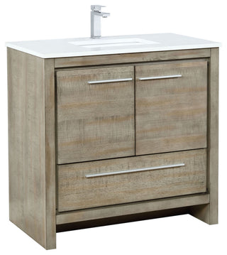 Lafarre 36 Rustic Acacia Vanity, White Quartz Top, Sink, Gun Metal Faucet Set