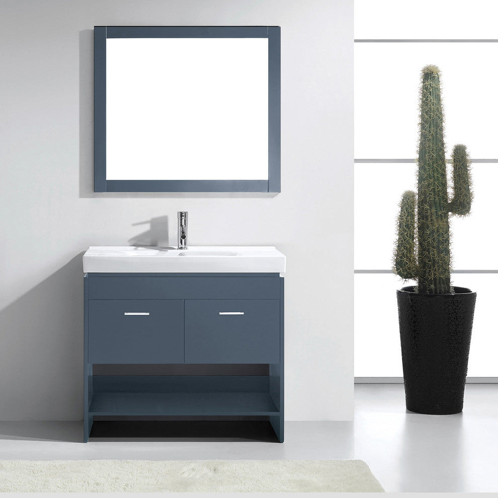 Virtu Gloria 36" Single Bathroom Vanity, Gray, Polished Chrome Faucet, Mirror