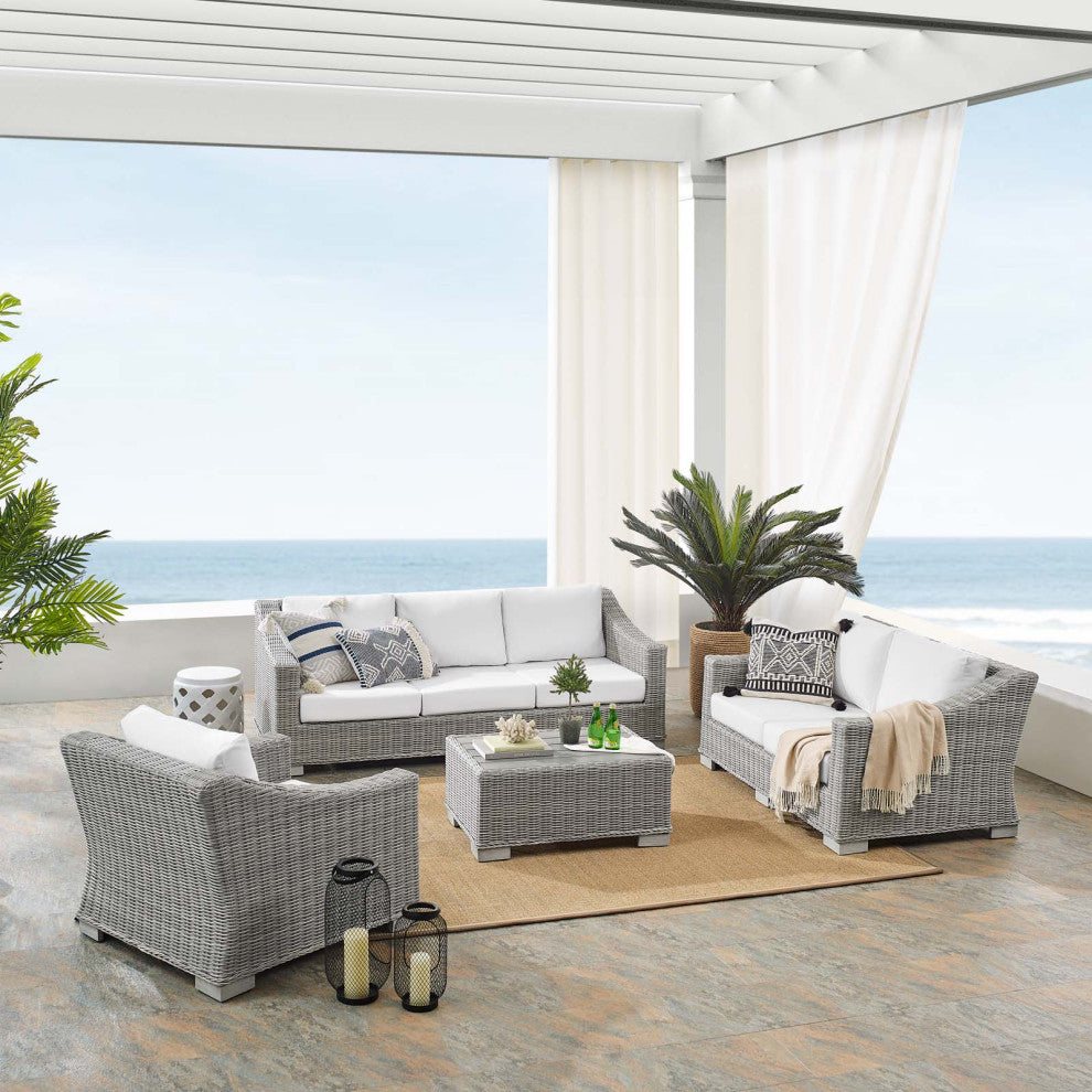 Lounge Sofa Chair Table Set, Rattan, Wicker, Gray White, Modern, Outdoor