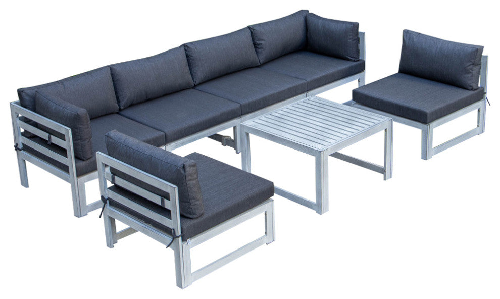 LeisureMod Chelsea 7-Piece Gray Patio Sectional With Coffee Table, Black