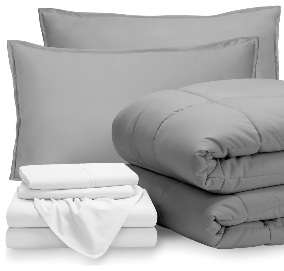 Bare Home 8-Piece Bed-in-a-Bag Split Sizes, Light Gray, White, Split Queen