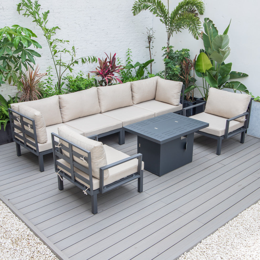 LeisureMod Hamilton 7-Piece Patio Sectional Set With Fire Pit Table, Beige