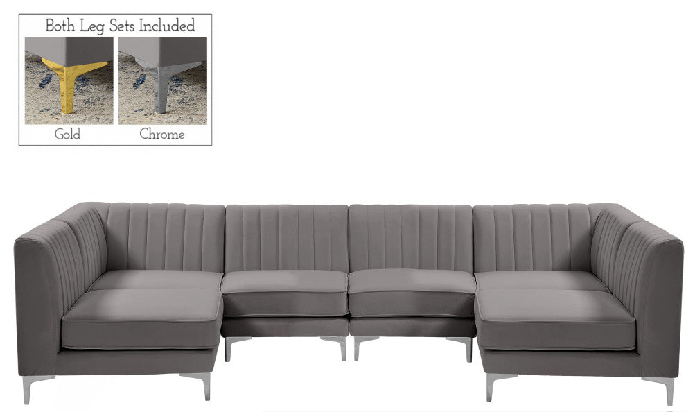 Alina Velvet Modular U-Shaped Sectional, Grey, 6-Piece: 4 Armless Chair, 2 Corner Chair