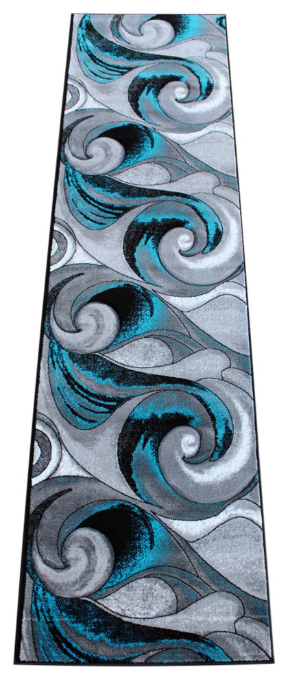 Angie Collection Runner 3' x 10' Turquoise Ocean Waves Pattern Area Rug