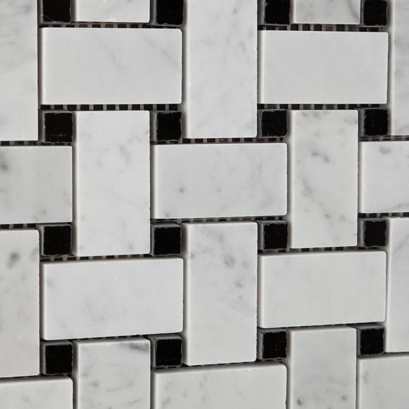 Carrara White Marble Honed Basketweave  Mosaic Tile w/ Black Dots