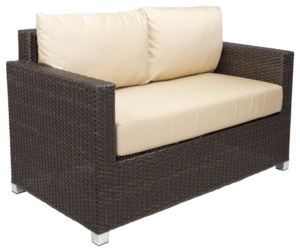 Venice Outdoor Loveseat With Sunbrella Cushions, Espresso Brown, Canvas Black