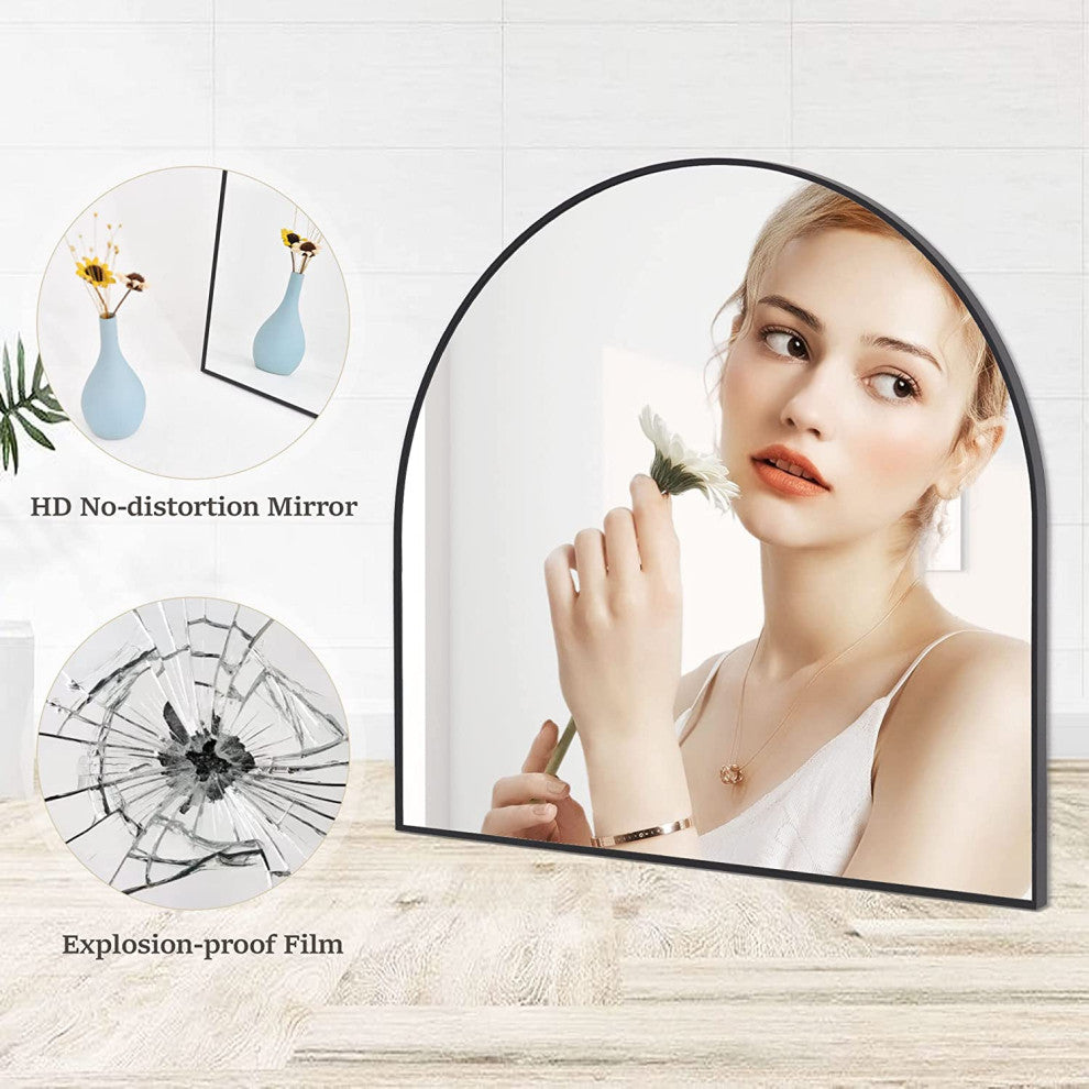Easly 32x34 Aluminum Alloy Framed Arched Mirror, Black