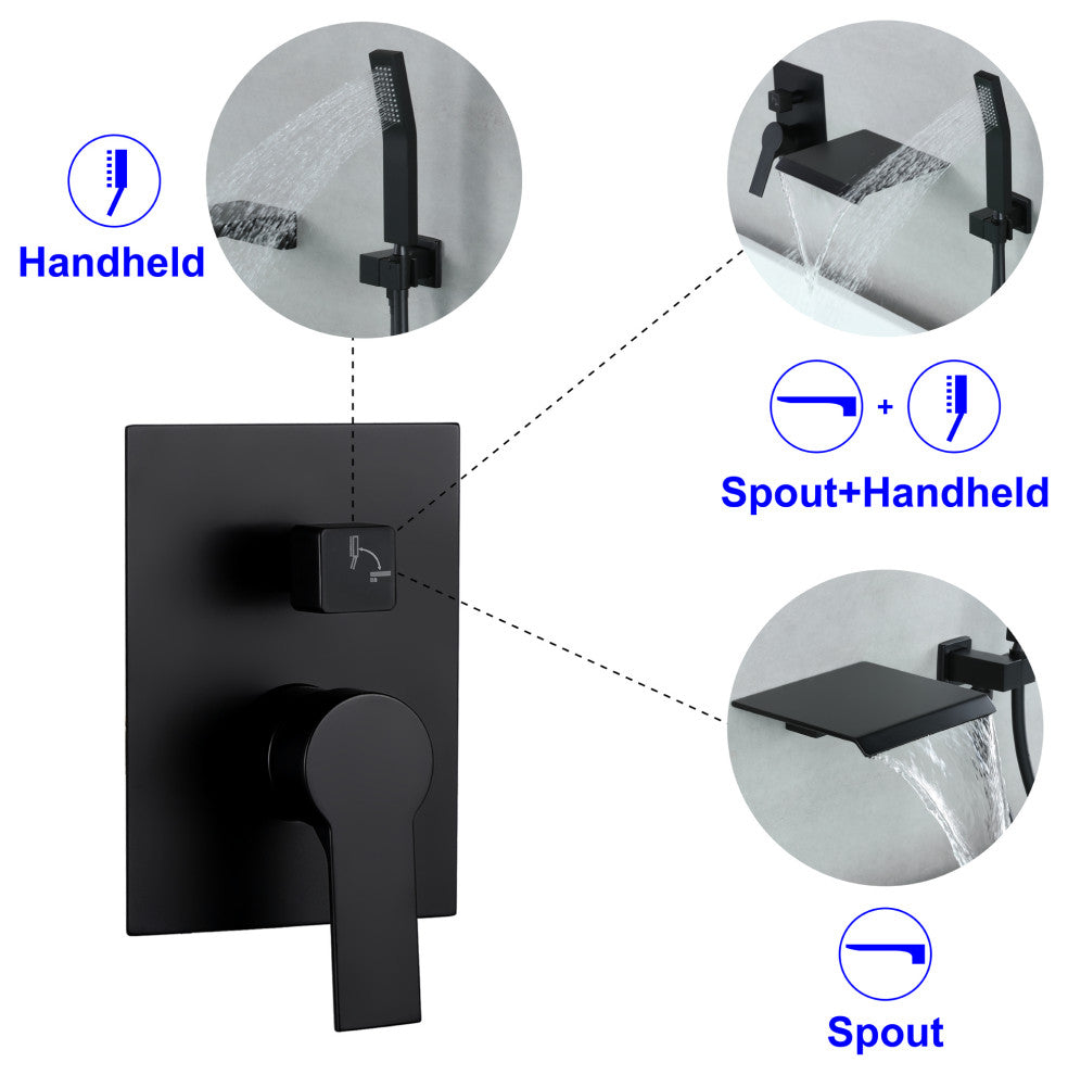 Wellfor Shower Faucet Set, Waterfall Tub Spout and Hand Shower, Black