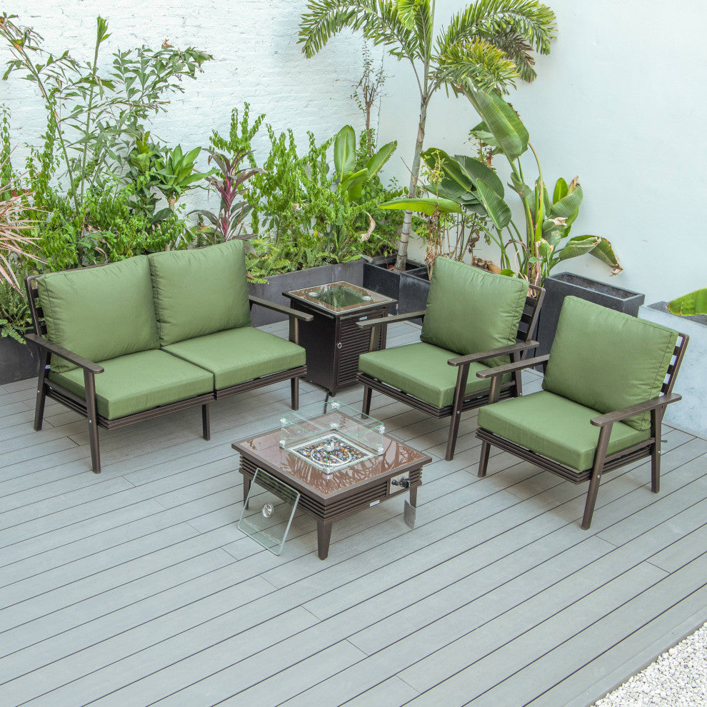 LeisureMod Walbrooke Patio Conversation Set With Fire Pit Table, Green