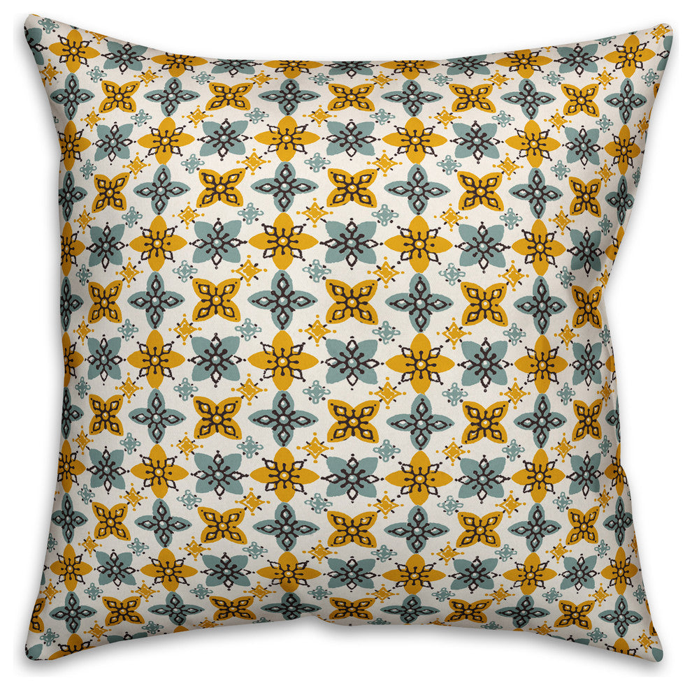 Folk Floral Battern, Yellow and Blue Throw Pillow Cover, 16"x16"